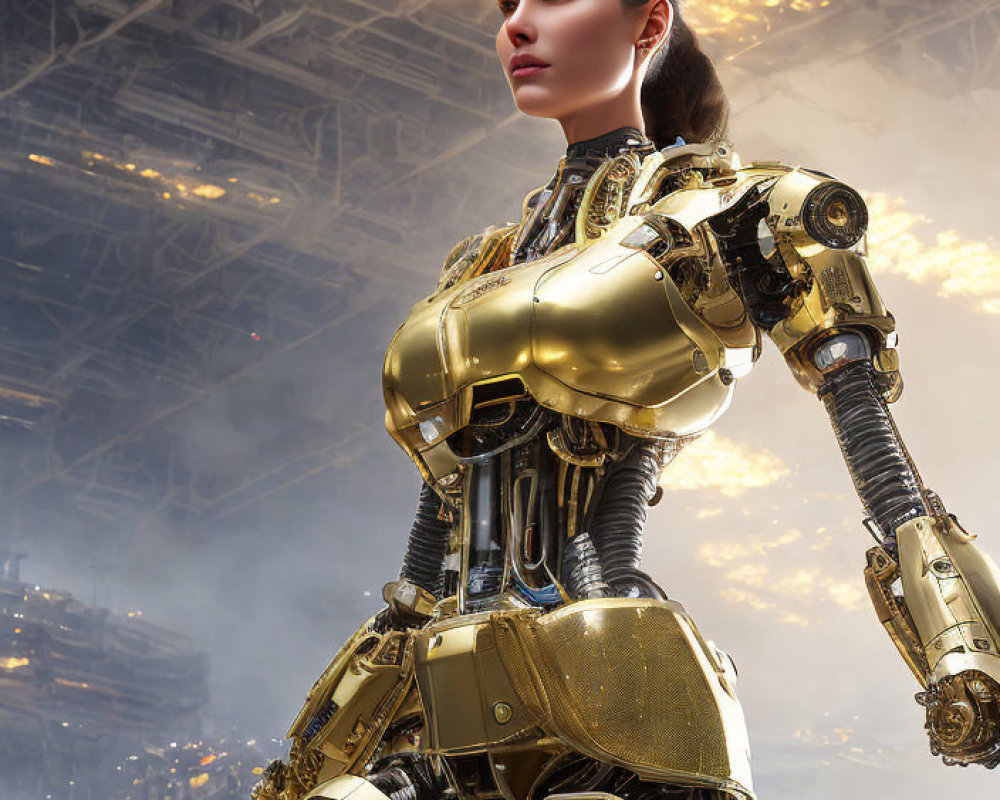 Futuristic female android with gold body parts and braided hair in industrial setting