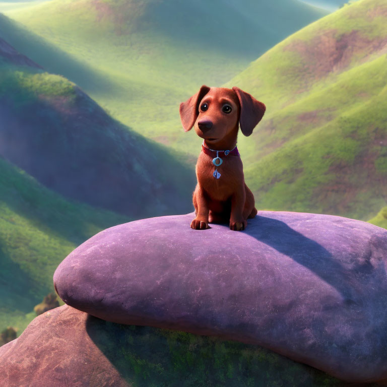 3D-animated dachshund puppy on purple rock in green hills