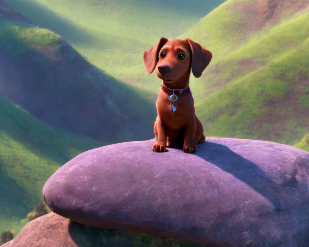 3D-animated dachshund puppy on purple rock in green hills