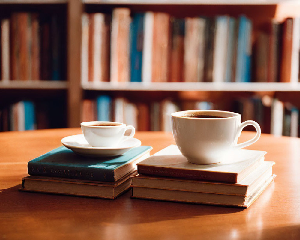 Coffee Cup on Books with Blurred Bookshelf in Warm Room