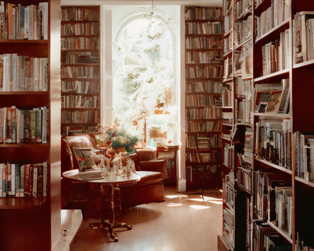 Floor-to-ceiling bookshelves, leather armchair, and plant-filled window nook in home