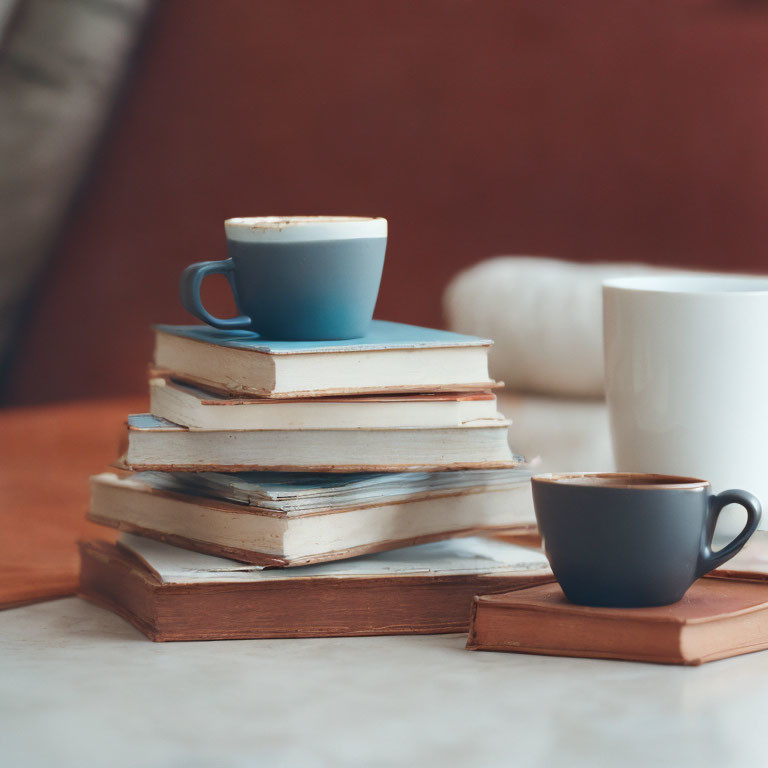 Cozy Reading Scene with Old Books and Coffee Cups