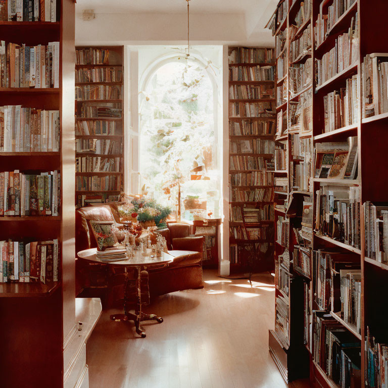 Floor-to-ceiling bookshelves, leather armchair, and plant-filled window nook in home