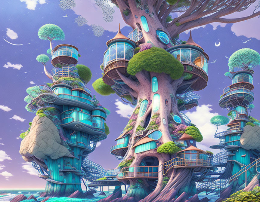 Colorful illustration of oversized trees and fantastical treehouses against dreamlike sky