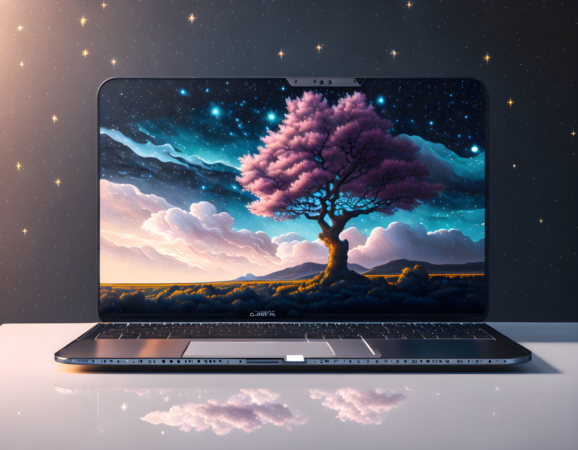 Vibrant cherry blossom tree wallpaper on laptop screen