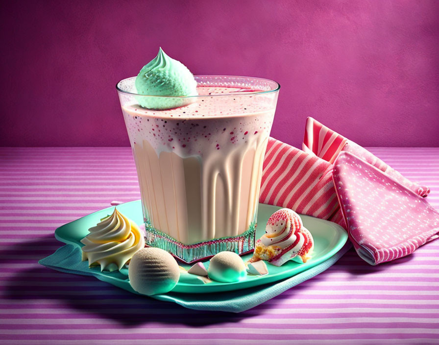 Creamy milkshake with mint ice cream, sweets, and cookies on teal plate.