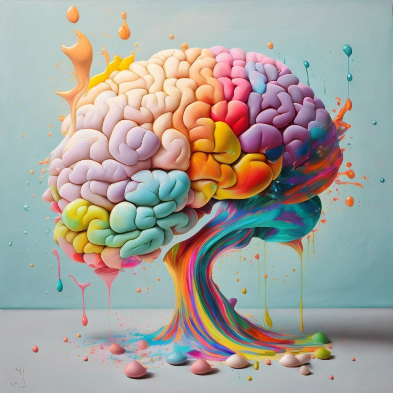 Colorful Brain Painting with Dripping Paint in Pink, Blue, Yellow, and Orange