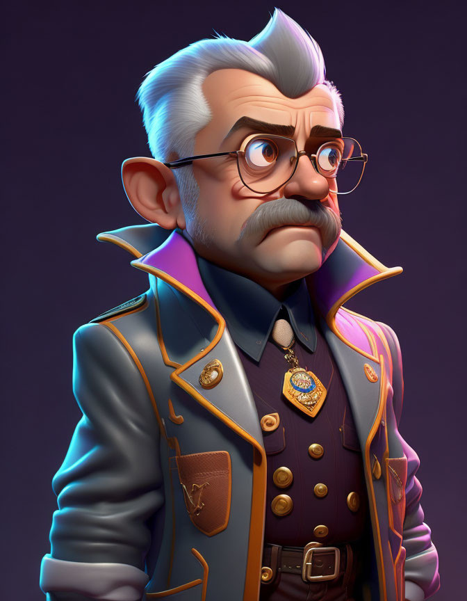 Grey-Haired Character in Blue Jacket with Gold Accents and Mustache