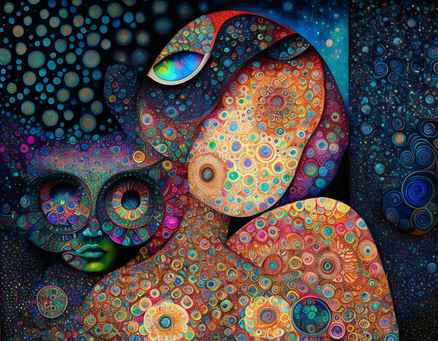 Colorful Psychedelic Artwork with Abstract Figure and Cosmic Patterns