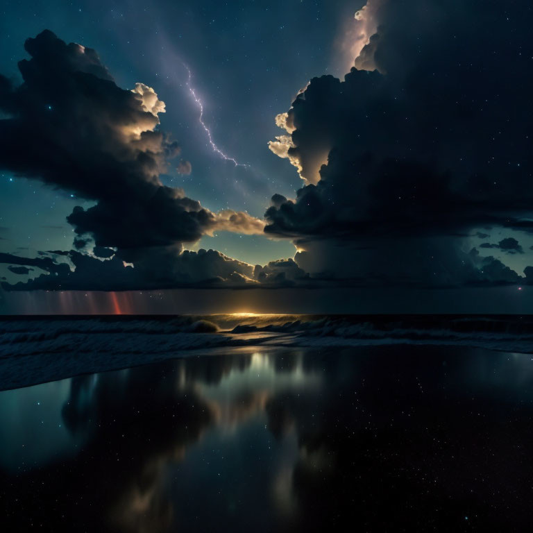 Tranquil Nightscape: Clouds, Starry Sky, Lightning, Calm Water