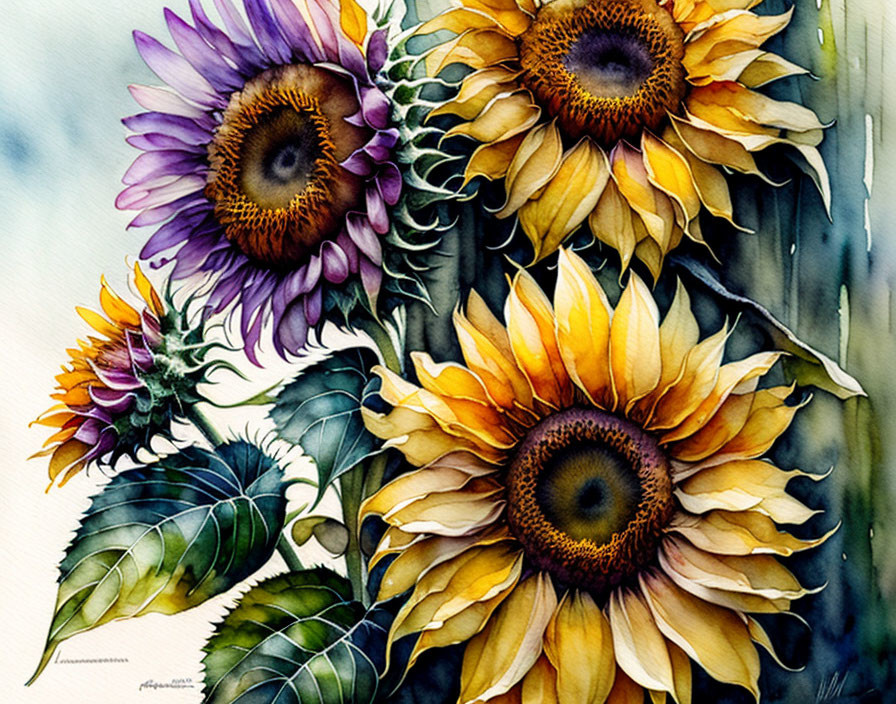 Colorful watercolor painting of blooming sunflowers with yellow petals, brown centers, green leaves,