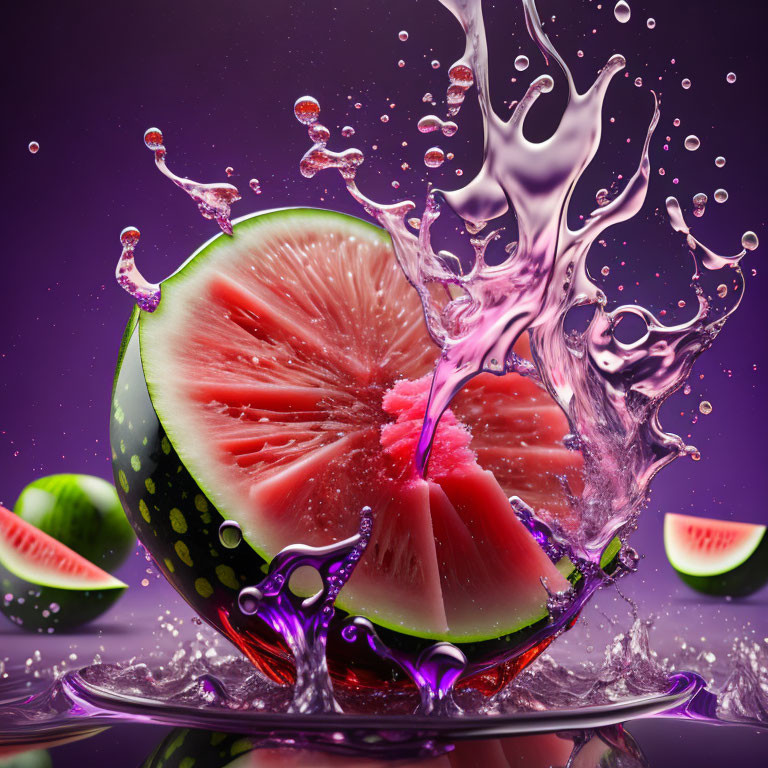 Colorful watermelon splash on purple background