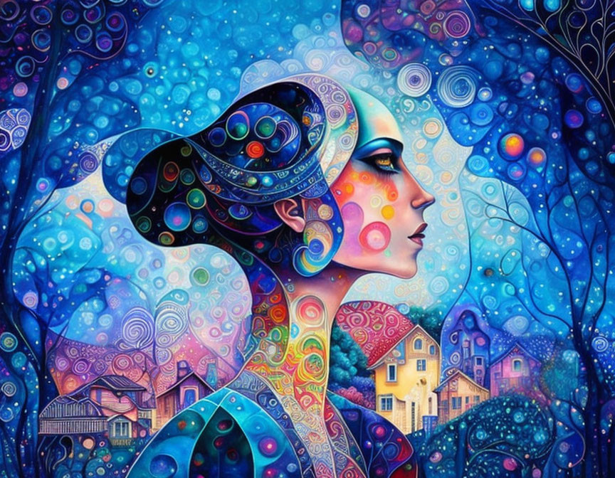 Colorful Woman's Profile Illustration with Swirling Patterns and Whimsical Background