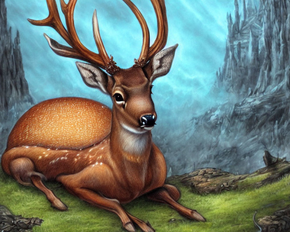 Majestic brown stag with antlers in misty forest setting