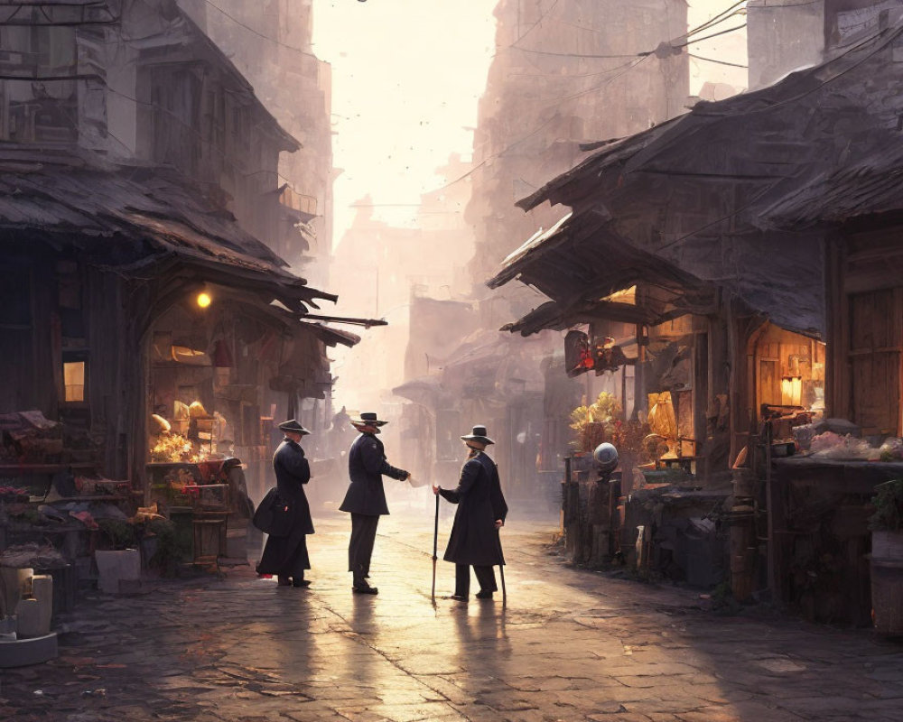 Vintage Attired Trio Walking Through Sunlit Alley with Rustic Shops