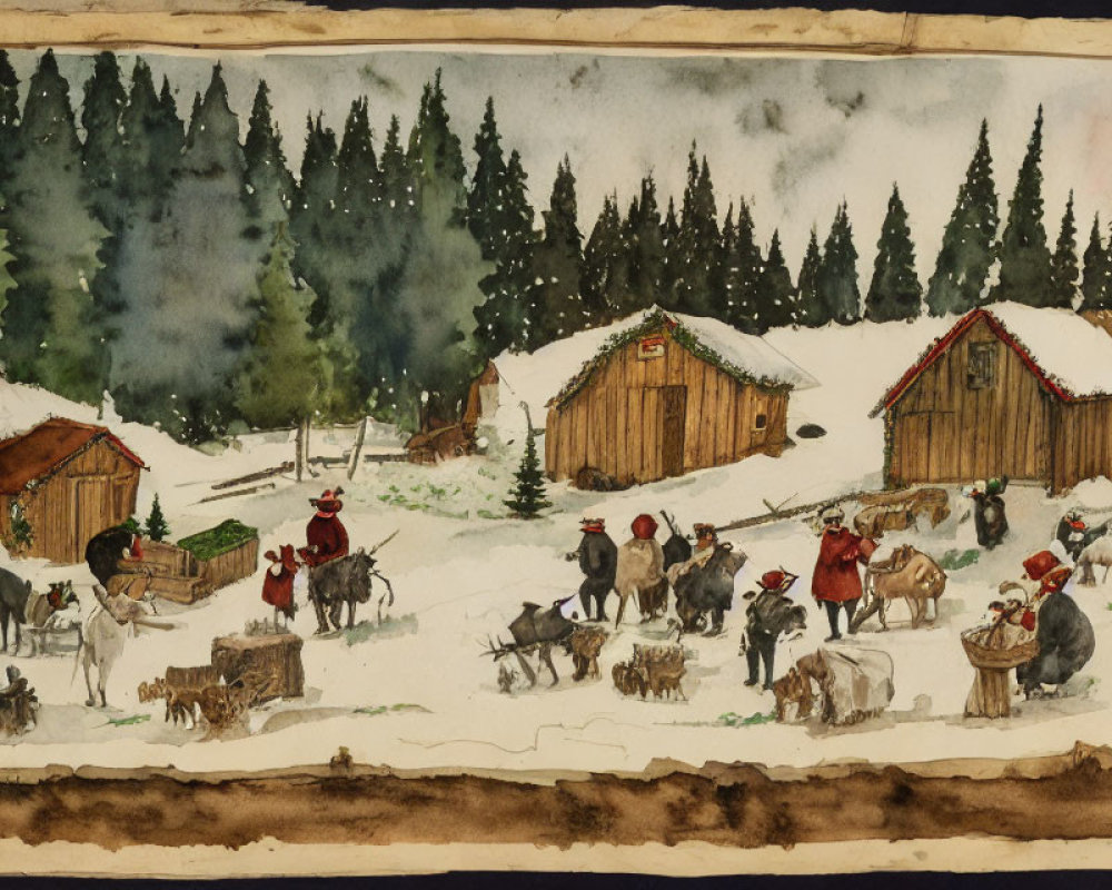 Vintage Watercolor Painting of Rustic Winter Scene with People and Livestock in Snowy Landscape