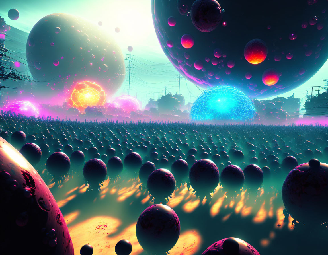 Surreal landscape with glowing orbs and nebulous spheres under pink and blue sky