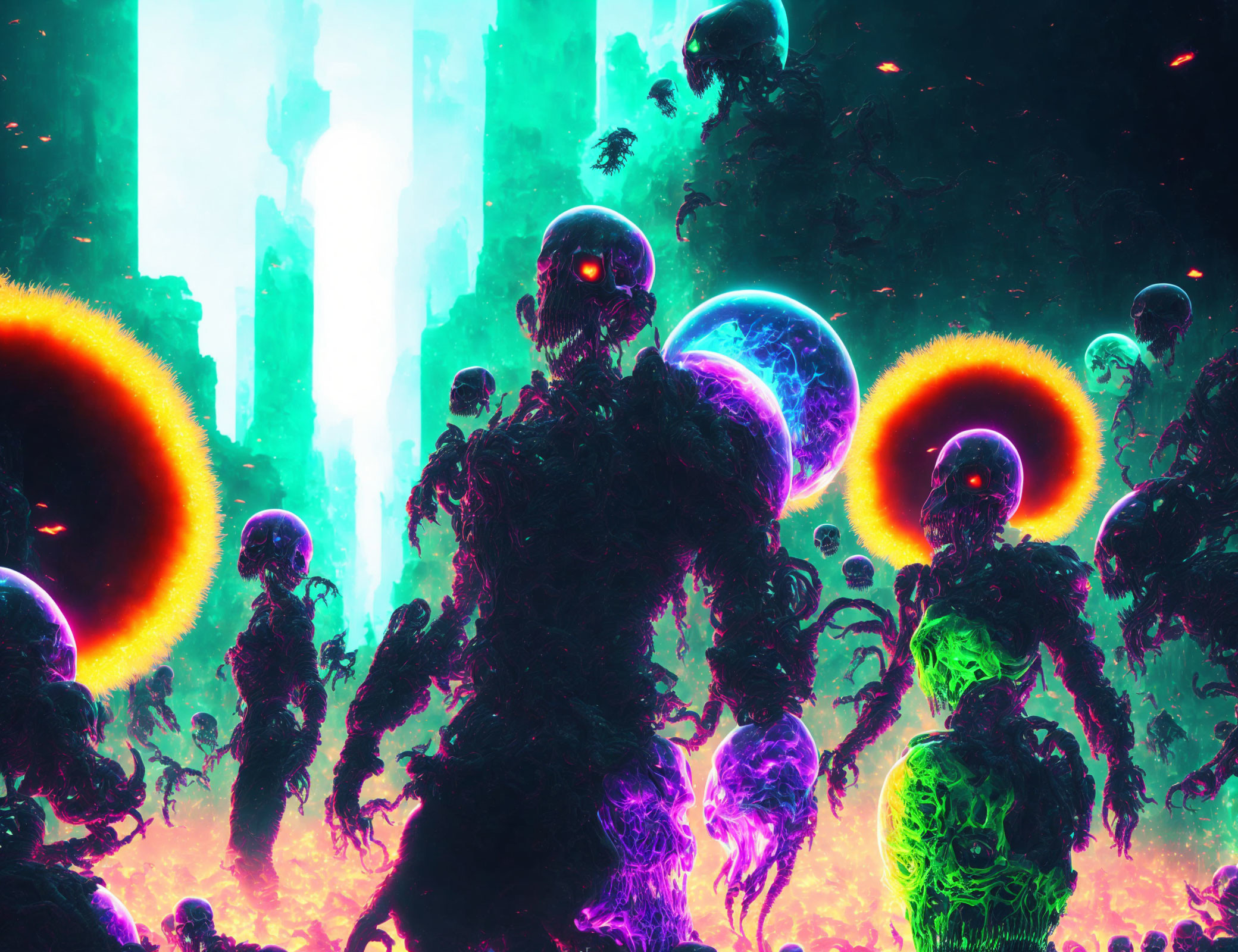 Surreal digital artwork: Glowing zombie figures, haloed orbs in neon alien cityscape.