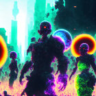 Surreal digital artwork: Glowing zombie figures, haloed orbs in neon alien cityscape.