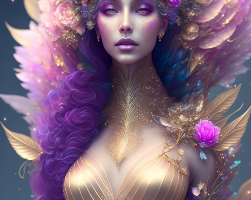 Ethereal purple-haired figure with golden adornments and floral aura