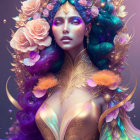 Ethereal purple-haired figure with golden adornments and floral aura