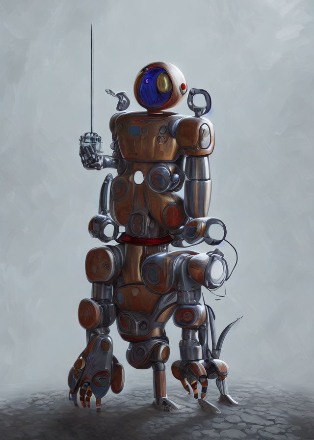 Illustration of Wooden Robot with Blue Spherical Head and Sword