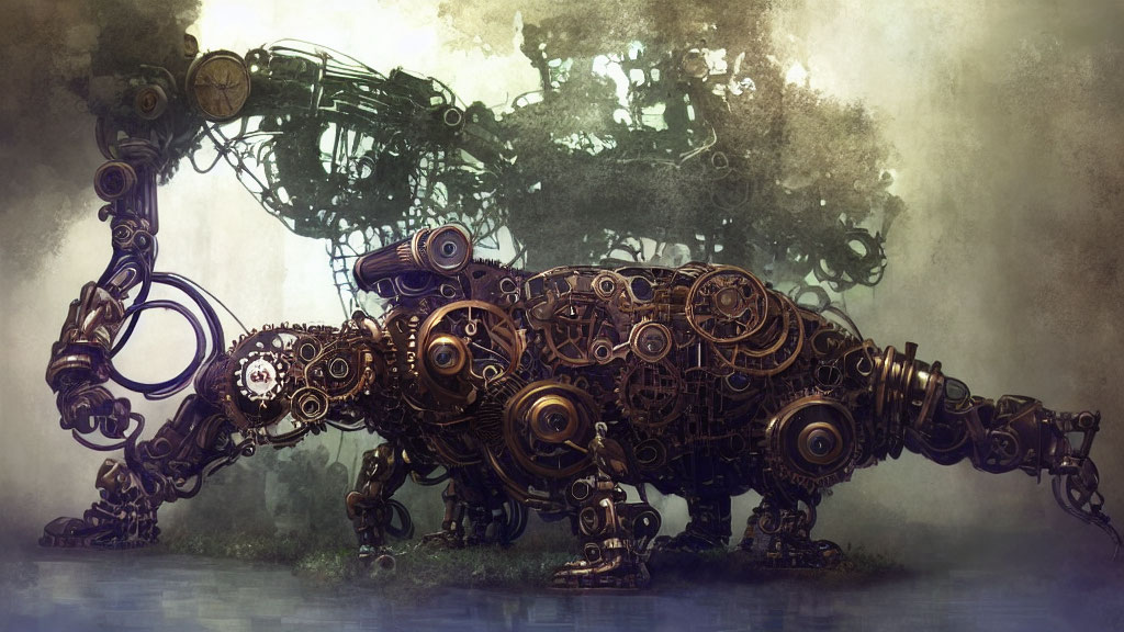 Steampunk-style metal rhinoceros with intricate design in misty background