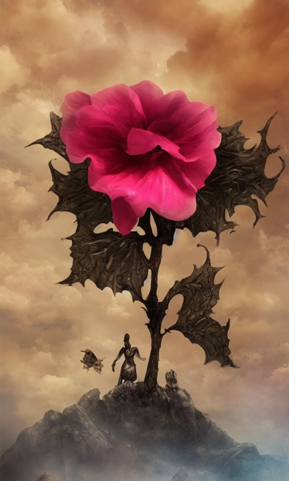 Person standing by giant, dark tree with vibrant pink flower under golden sky