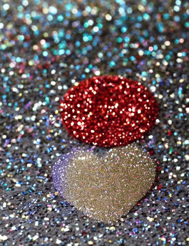 Shiny red and silver hearts on colorful glitter background