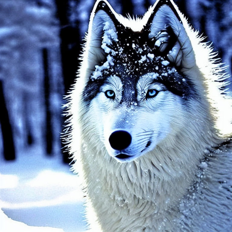 Majestic wolf with snow-covered fur in snowy forest