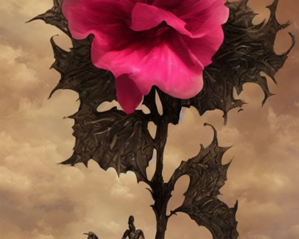 Person standing by giant, dark tree with vibrant pink flower under golden sky