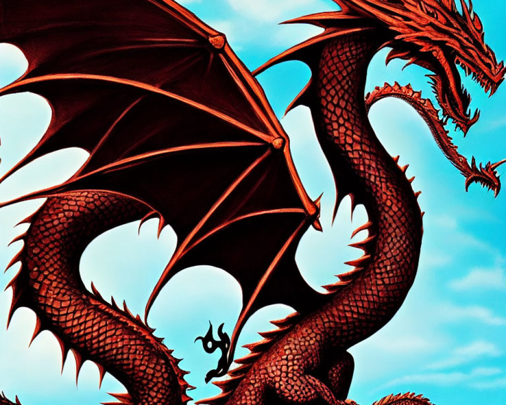 Colorful illustration: Red dragon with wings in blue sky