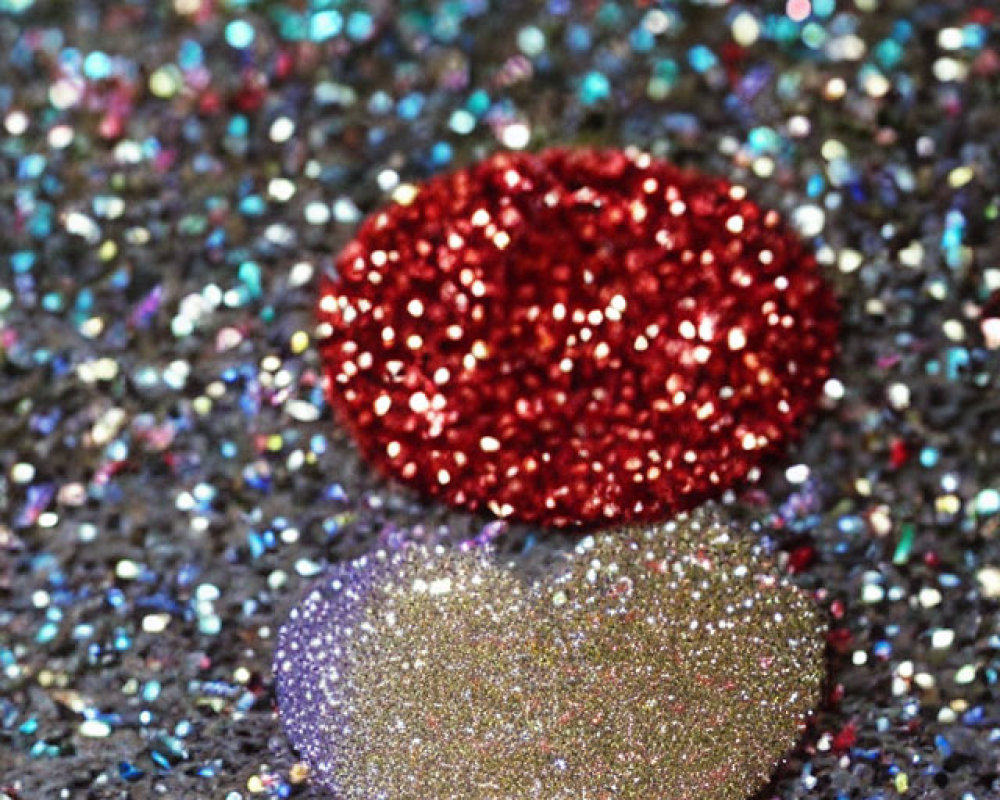 Shiny red and silver hearts on colorful glitter background