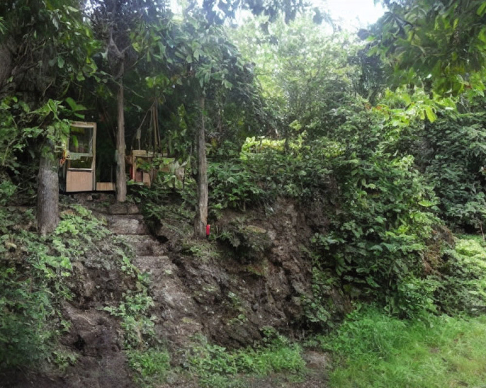 Rustic Treehouse on Rocky Embankment with Lush Greenery