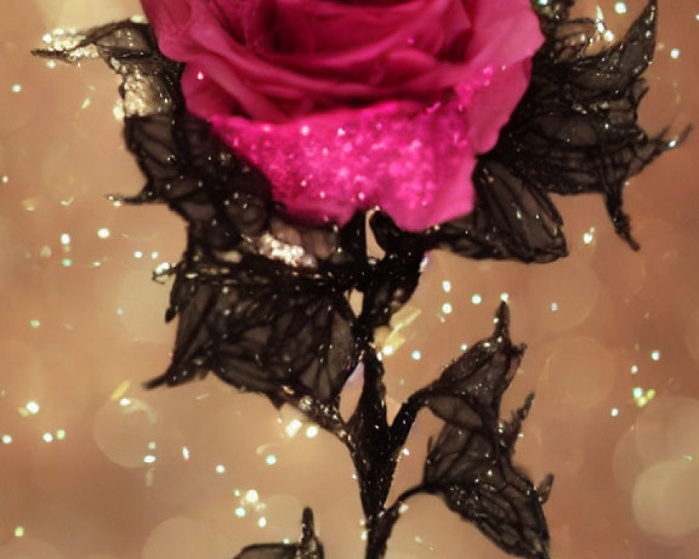 Pink Glitter Rose on Black Stem with Sparkling Brown Background