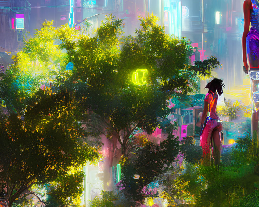 Vibrant cyberpunk cityscape with neon lights and lush green park juxtaposition.