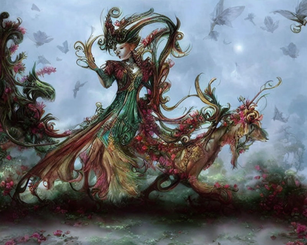 Ethereal woman in green dress with floral motifs in misty forest