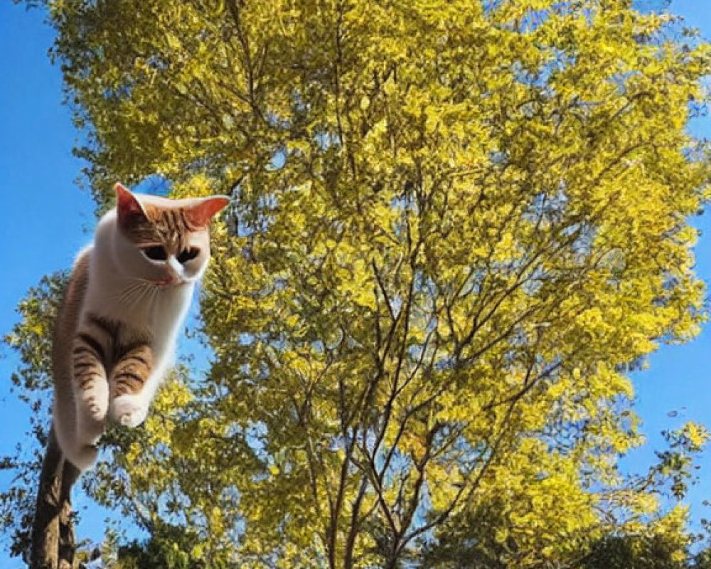 Levitating white and ginger cat with yellow trees and blue sky