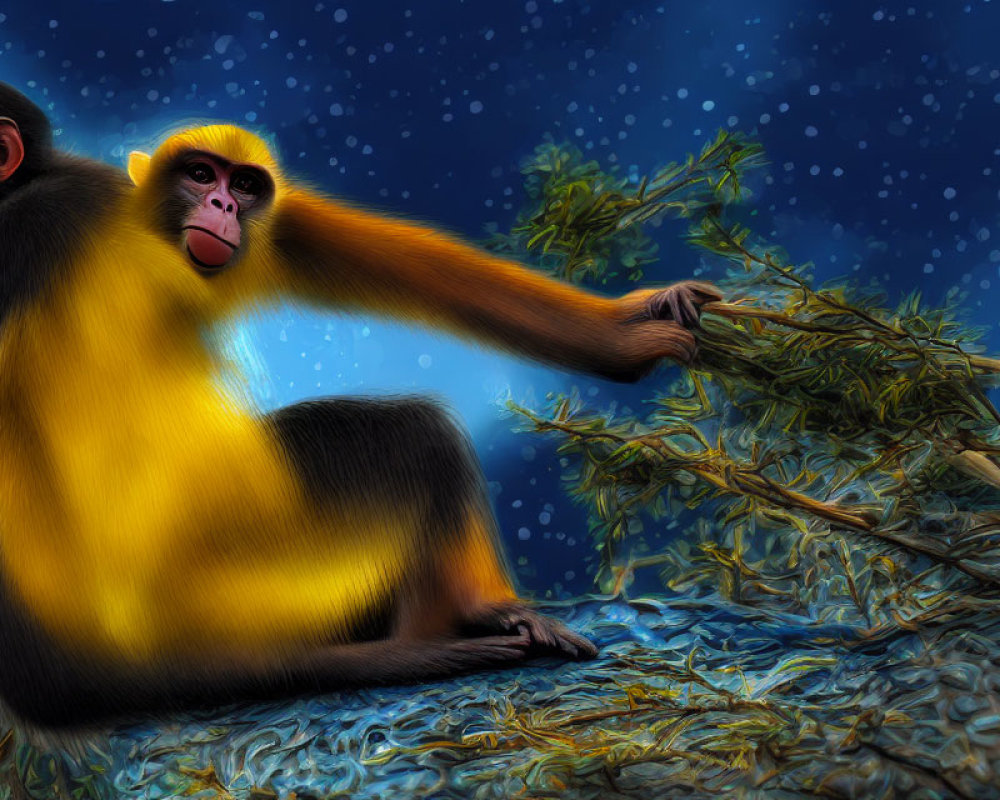 Vibrant monkey illustration with yellow and black fur touching green foliage on starry night sky.