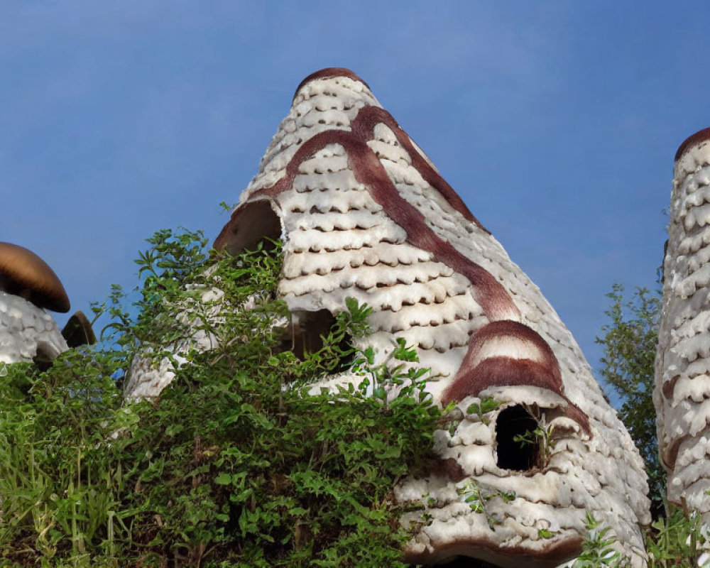 Fantasy-style mushroom-shaped buildings in white and brown under blue sky