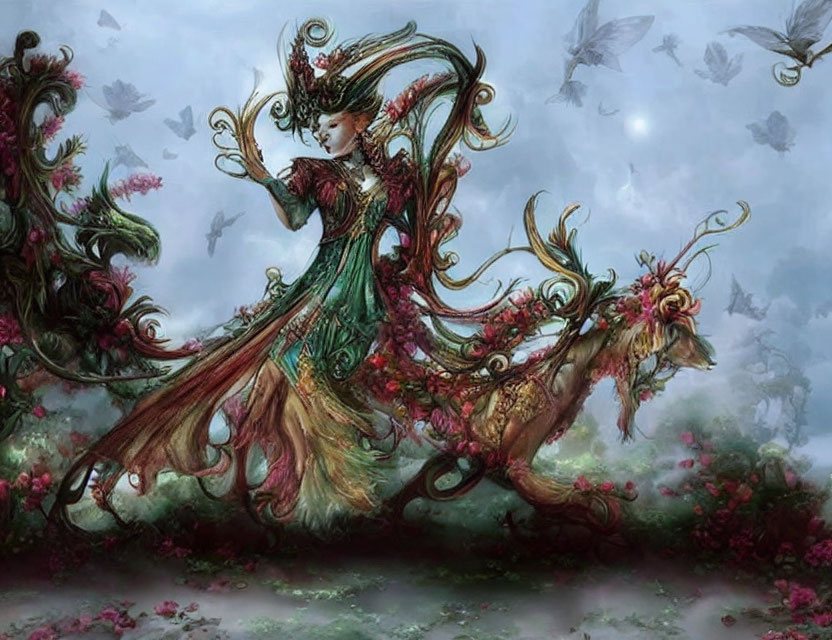 Ethereal woman in green dress with floral motifs in misty forest