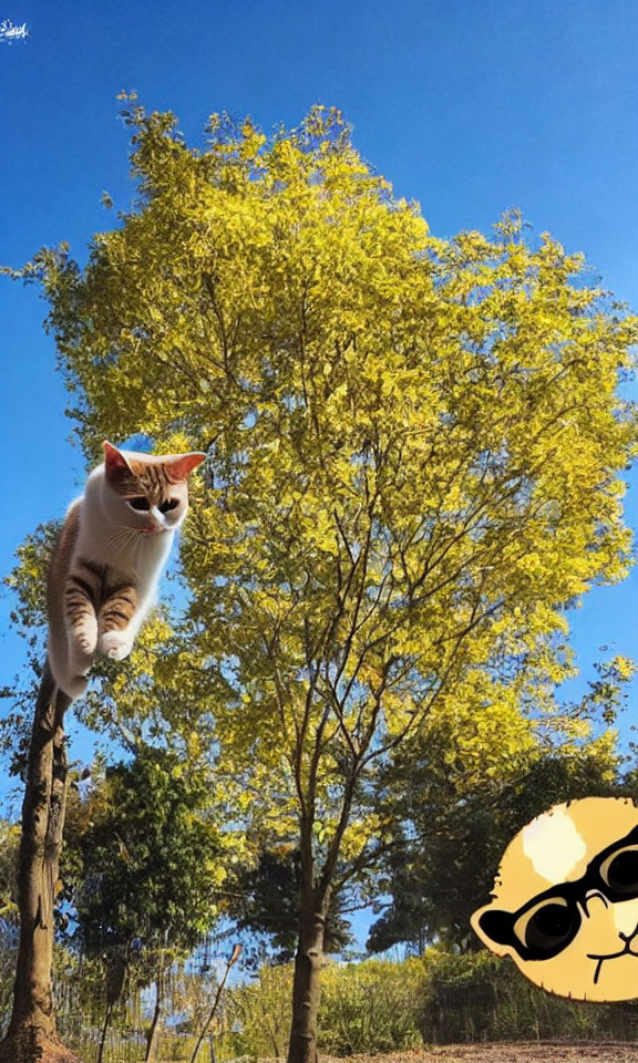 Levitating white and ginger cat with yellow trees and blue sky