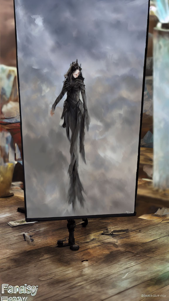 Dark, ethereal figure in flowing robes and feathers on easel