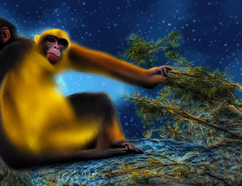 Vibrant monkey illustration with yellow and black fur touching green foliage on starry night sky.