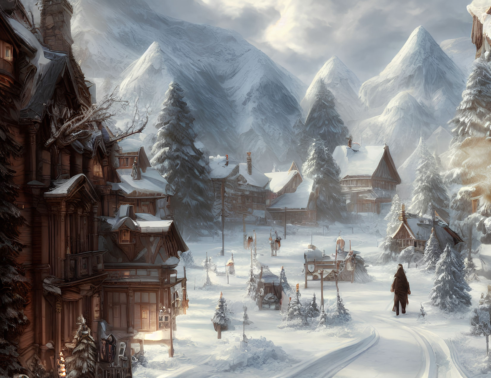 Snowy village scene with wooden houses, mountain backdrop, people, and horse-drawn cart in soft