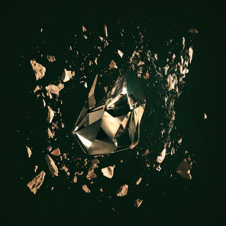 Golden crystalline structure shattering on dark background symbolizing fragility.