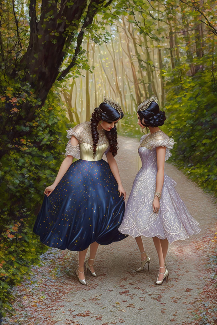 Two individuals in elegant princess dresses with tiaras on a forest path, one in blue, the other