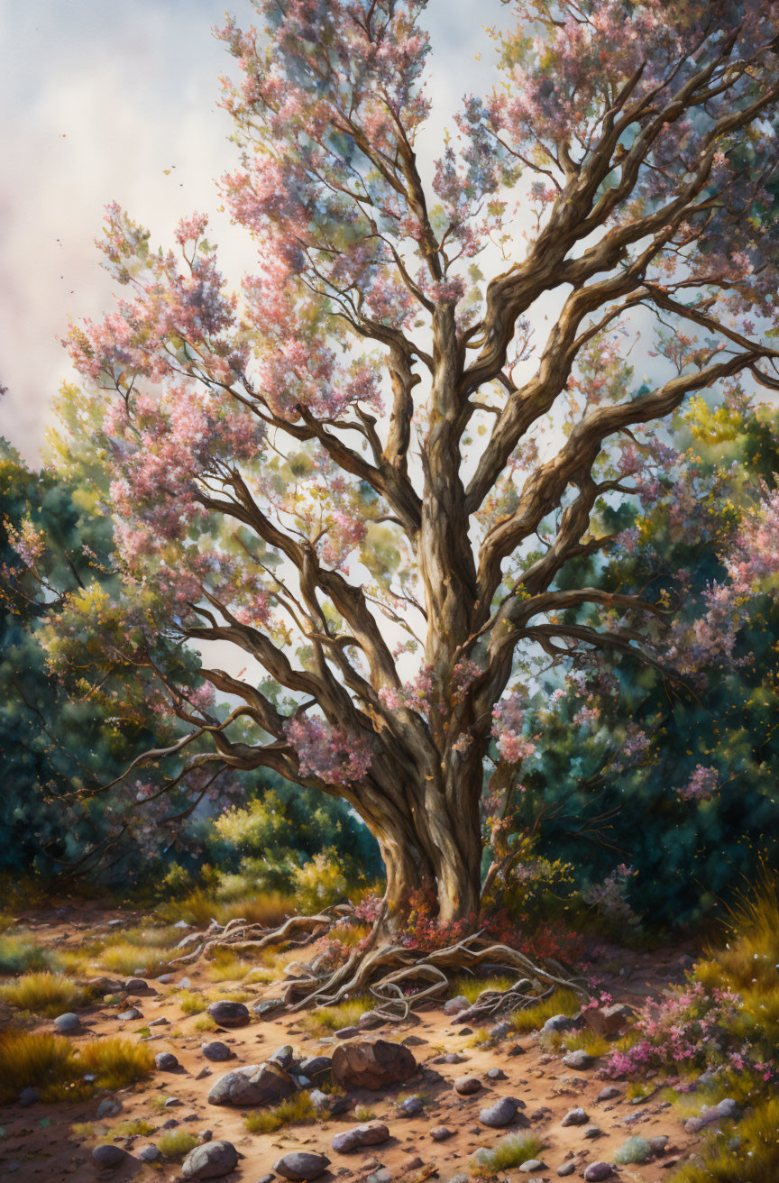 Majestic tree with twisted trunk and pink blossoms in serene clearing