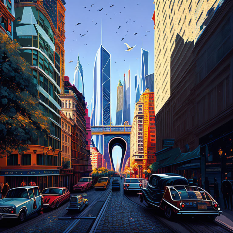 Colorful street scene with retro-futuristic cars and art deco buildings.