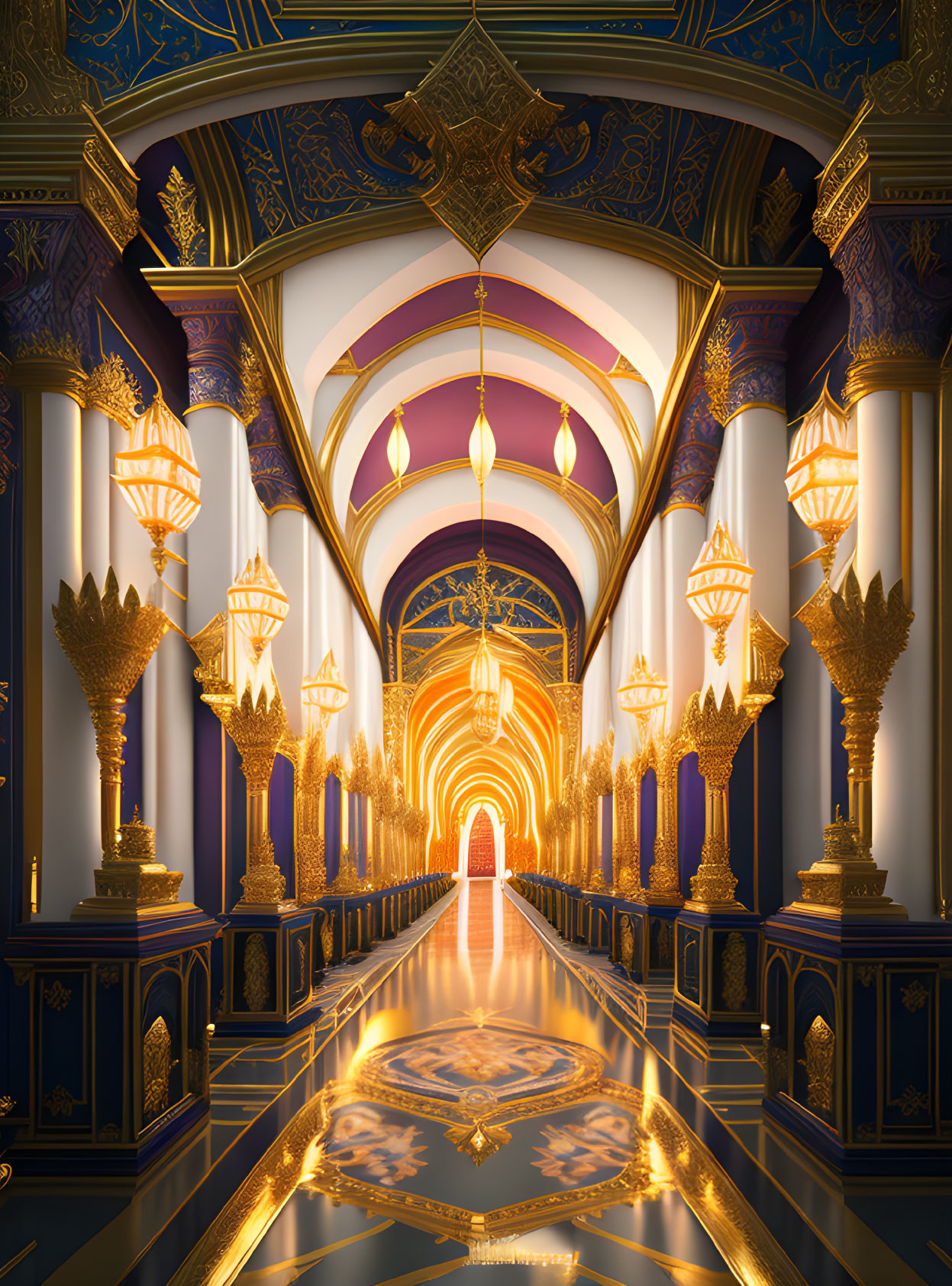 Opulent Hall with Golden Pillars and Arched Doorways